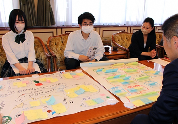 生徒から出た意見を森市長に紹介する生徒たち、日下代表=四日市市役所で