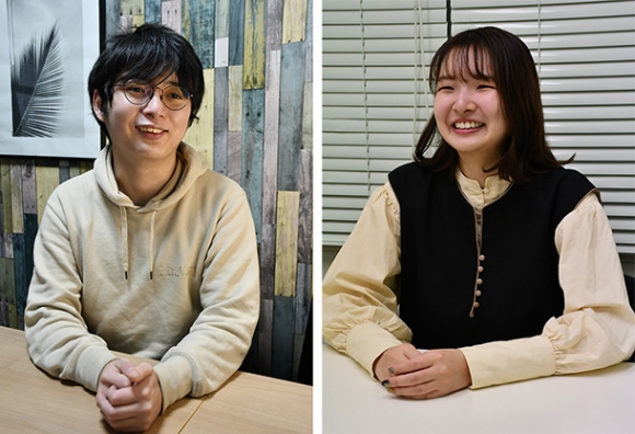 （左）「平和の日制定はゴールじゃない」と話す礒部翔馬さん＝名古屋市で　（右）高校時代に活動を本格化させた道端明日美さん＝大阪市で