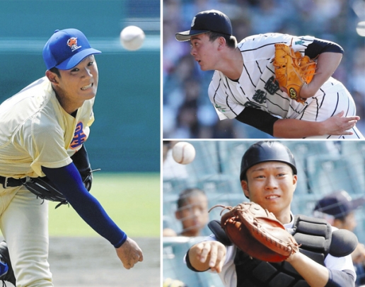 （上）津田学園の前　（下）中京学院大中京の藤田　（左）星稜の奥川＝いずれも甲子園球場で