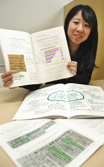 新聞記事などをまとめた生徒のノートを紹介する桜井さん=千種区山添町の椙山女学園高で