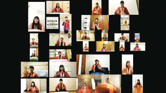 部員がそれぞれの自宅で撮影したものを合体させて作った映像の一部=日本福祉大付属高提供