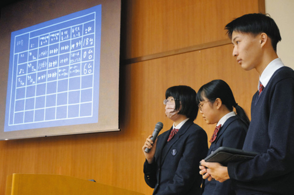 表を示しながら調査結果を発表する生徒たち＝伊勢市の皇学館中で