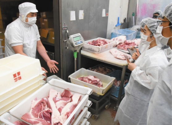 豚肉の加工現場を視察する愛知大の学生たち(右側)=豊橋市植田町で