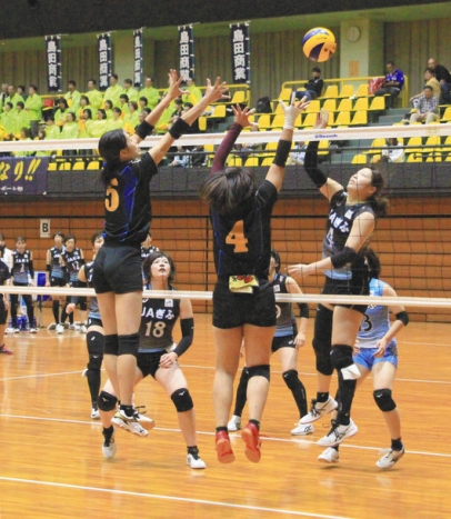 天皇杯・皇后杯全日本バレーボール選手権大会の東海地区予選会で熱戦を繰り広げる選手＝豊橋市総合体育館で
