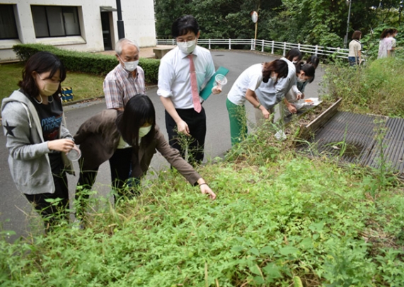 学生たちと虫探しをする名和さん（左から３人目）と千田さん（同４人目）＝春日井市松本町の中部大で