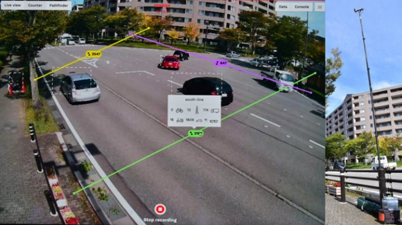 (右)交差点に設置された自動計測装置(左)AIによる交通量計測を示した画面=金沢市で