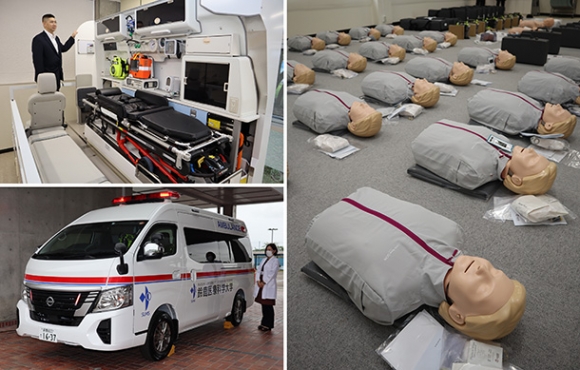 膨大な数の心肺蘇生用の人形(右)救急車の一部をカットし、車内を見やすくした設備(左上)救急救命に必要な装備が積まれた実習用の救急車(左下)=いずれも鈴鹿市の鈴鹿医療科学大で