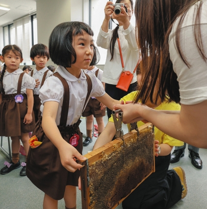 ミツバチの巣枠の重さを体感する園児＝熱田区の名古屋学院大で