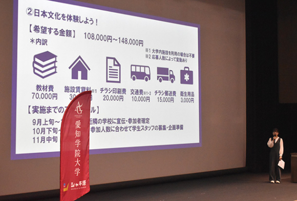 企画したプロジェクトについて発表する学生＝北区の愛知学院大名城公園キャンパスで