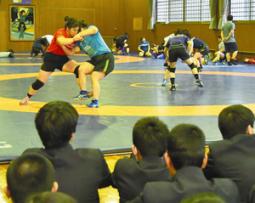 レスリング部の練習を見学する大府東高の生徒ら(手前)=大府市横根町の至学館大で