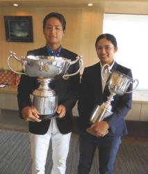 男子優勝の作田大地（左）と女子優勝の酒井里奈＝さなげＣＣで（児玉光雄撮影）