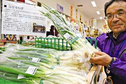 藤川宿に並ぶ岡崎市特産の法性寺ねぎ＝岡崎市藤川町の道の駅「藤川宿」で